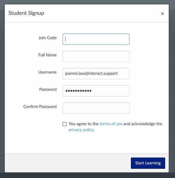Step Two - Student Sign Up