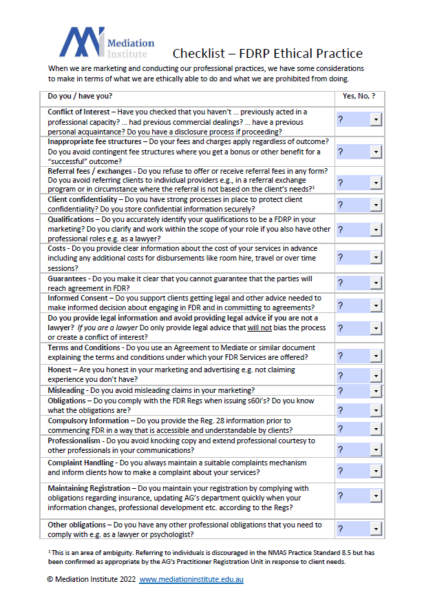 Checksheet Ethical Practice