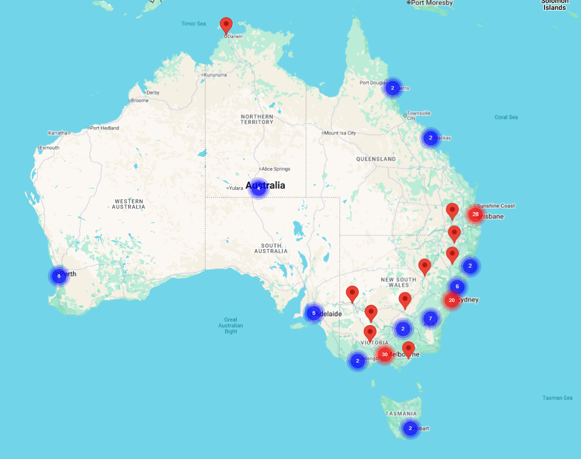 Map of Australia showing Mediation Institute members in every state and territory, clustered around Melbourne, Sydney, Brisbane, Perth, Adelaide, Hobart and Darwin as well as regional centres